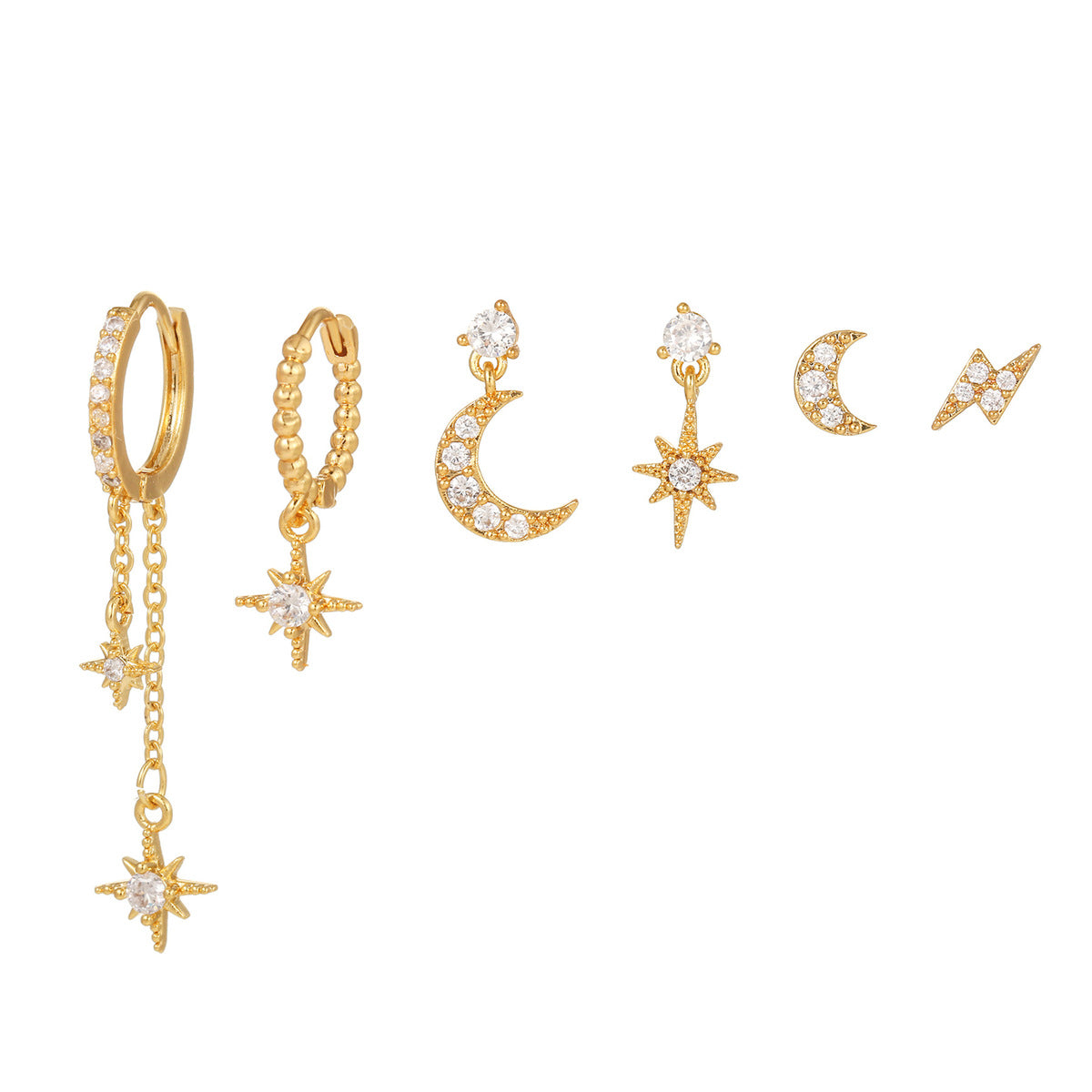 Women Fashion Zircon Star Moon Chain Tassel Earrings Set