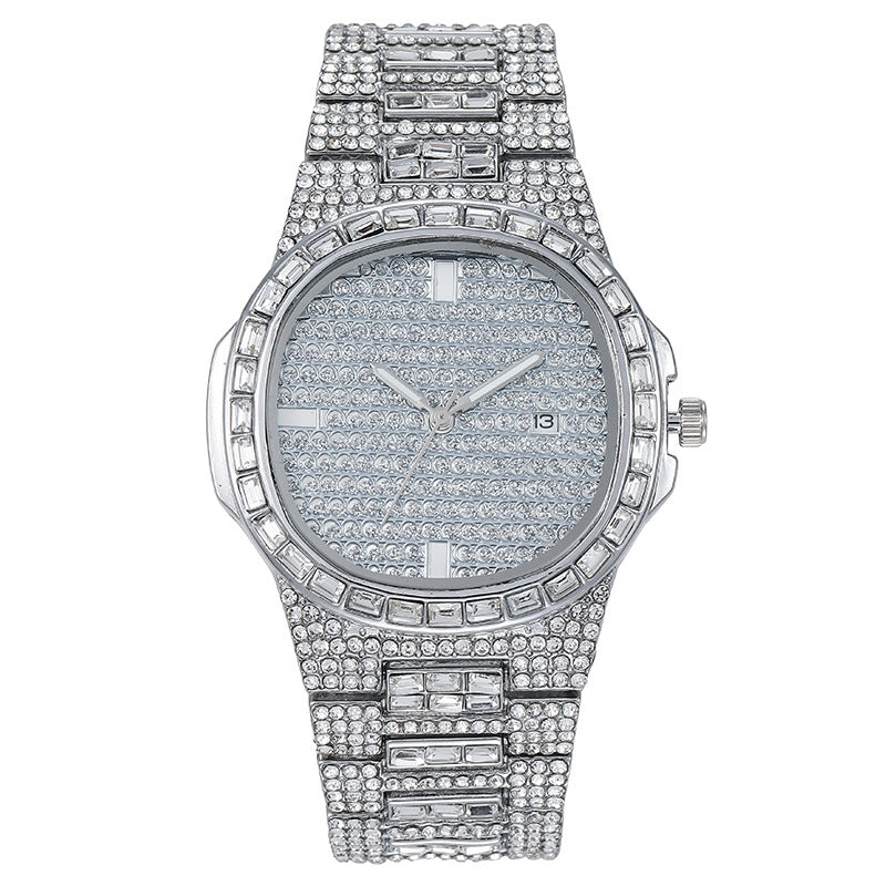 Women Fashion Rhinestone Square Dial Calendar Watch - Metal Strap