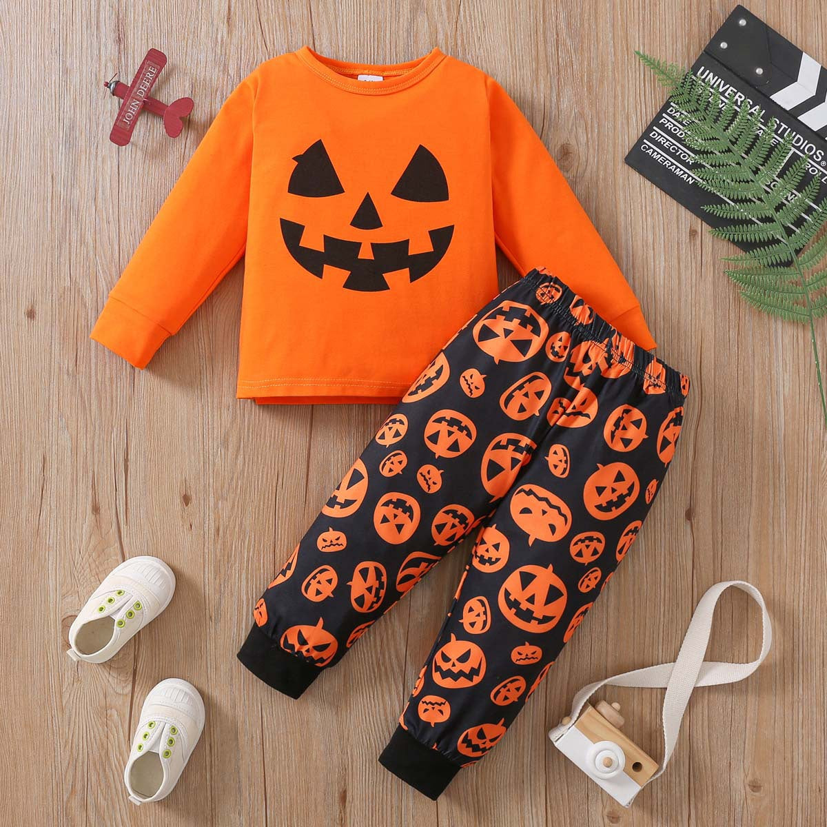 Kids Toddler Boys Halloween Pumpkin Print Long Sleeve Sweatshirt and Pants Set