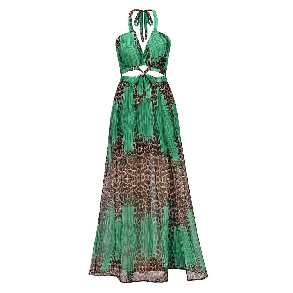 Robe élégante bohème à imprimé léopard et dos nu en mousseline de soie pour femme