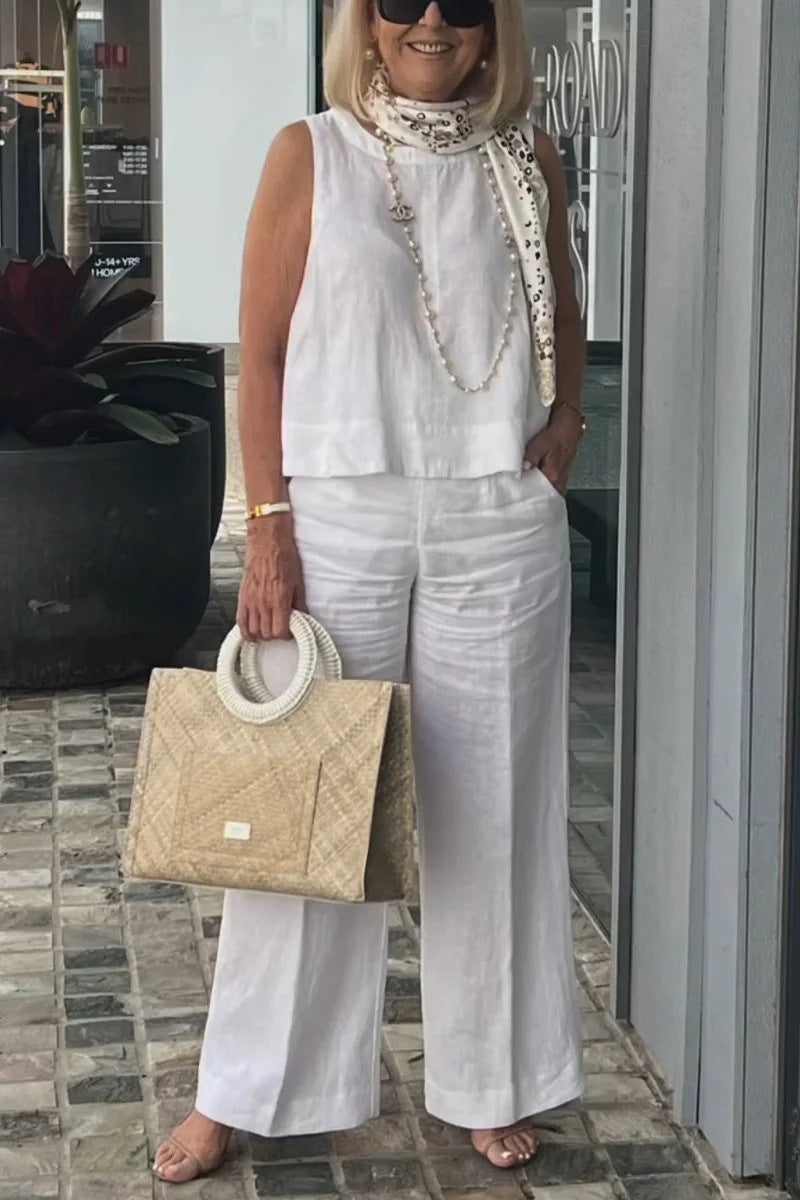 Conjunto de verano de algodón y lino sin mangas para mujer, talla grande