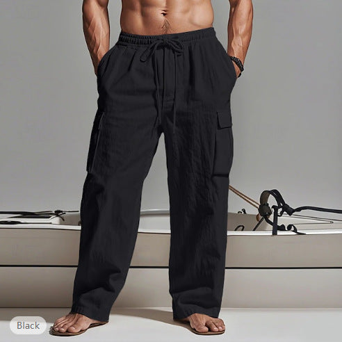Men Casual Cotton Linen Multi-Pocket Pants