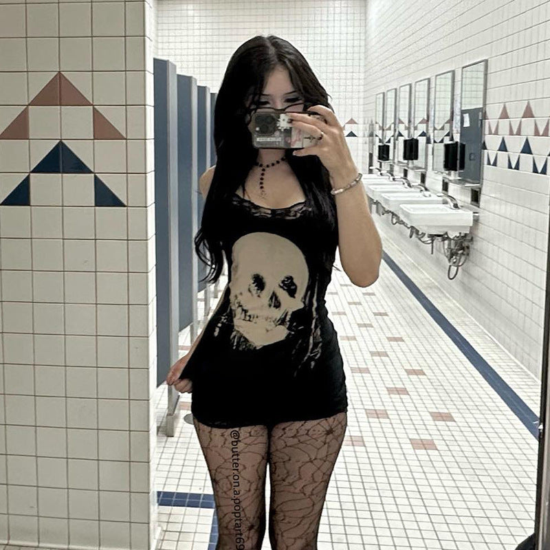 Women Fashion Sexy Gothic Lace Skull Print Dress