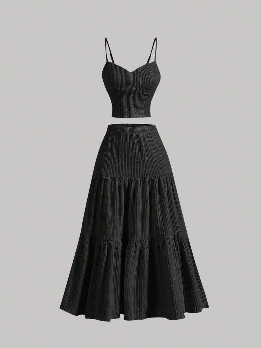 Women Fashion Casual Solid Color Camisole Top Loose Skirts Two-Piece Set