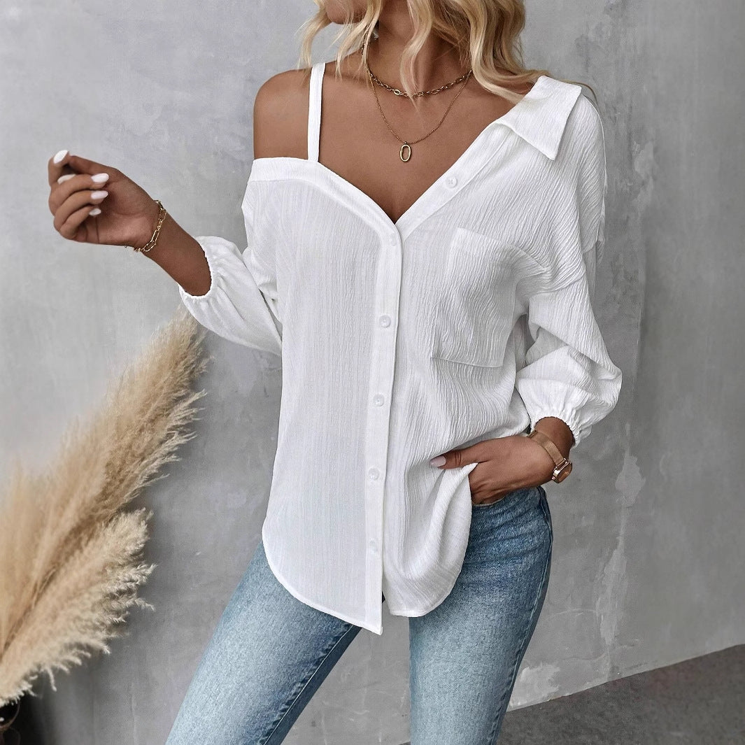 Women Fashion Sexy Solid Color Lapel Blouse