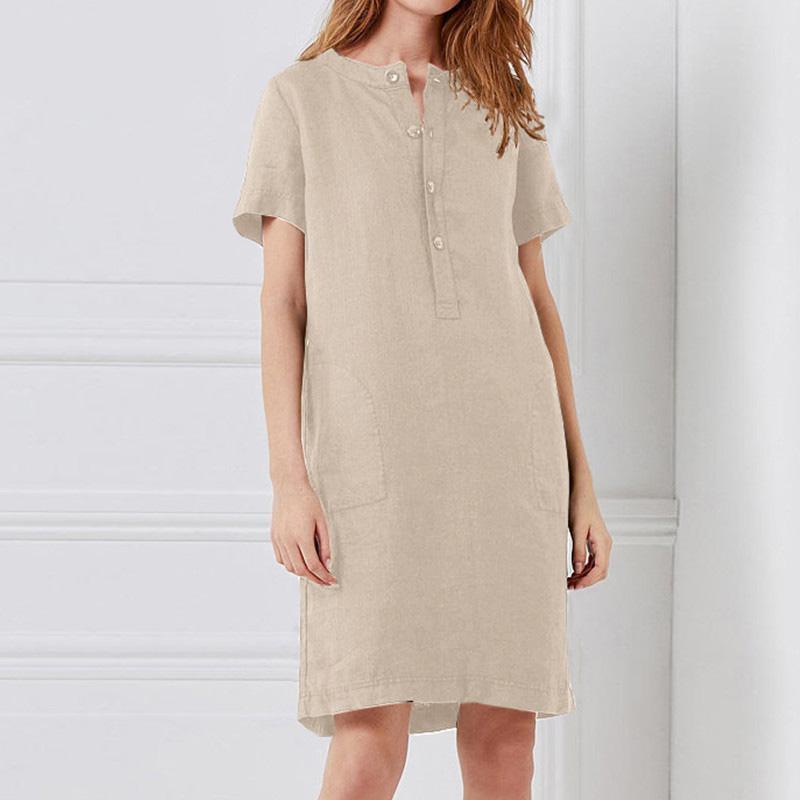 Vestido informal holgado de manga corta de algodón y lino