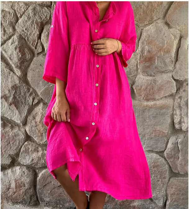 Robe chemise boutonnée décontractée en coton et lin pour femme, couleur unie