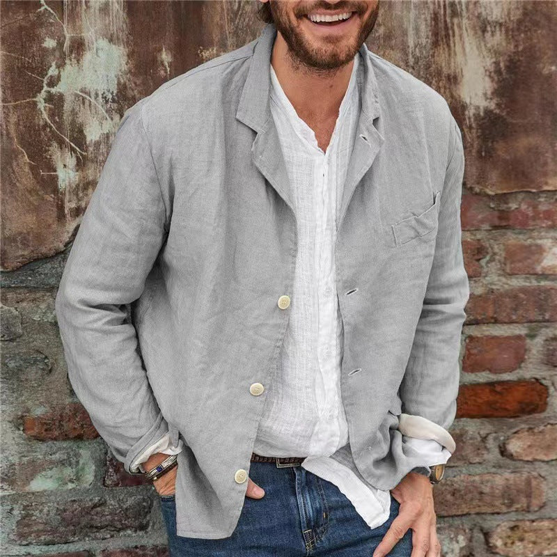 Men Fashion Casual Solid Color Linen Long Sleeve Blazer