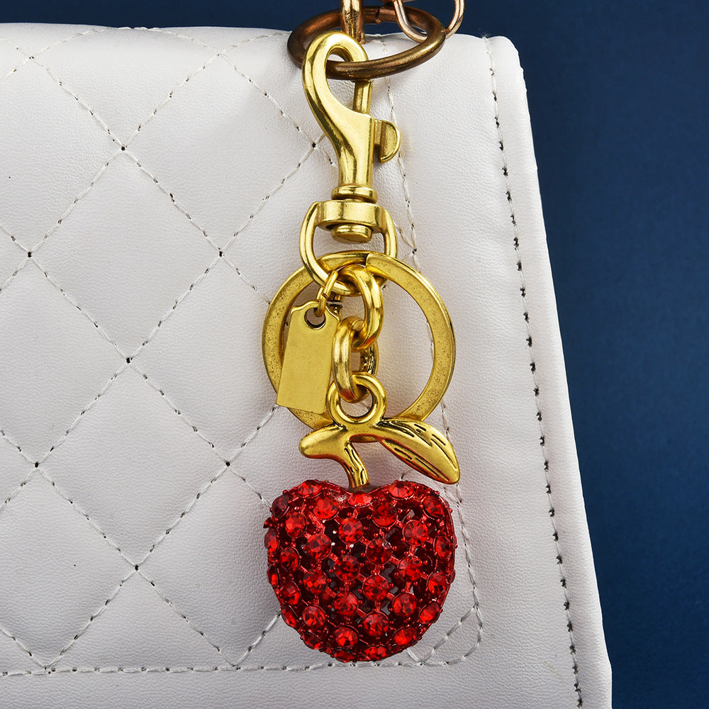 Women Fashion Metal Cute Rhinestone Apple Keychain