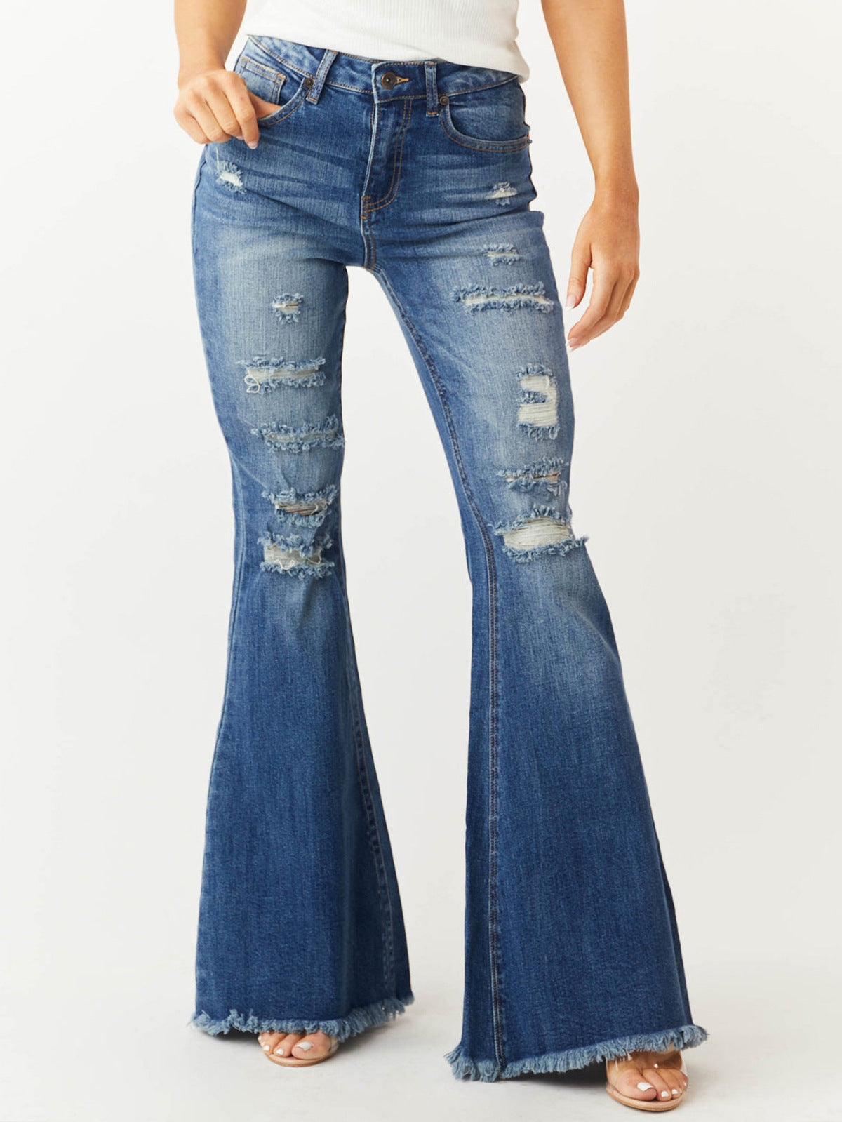 Jean slim taille moyenne déchiré décontracté pour femme
