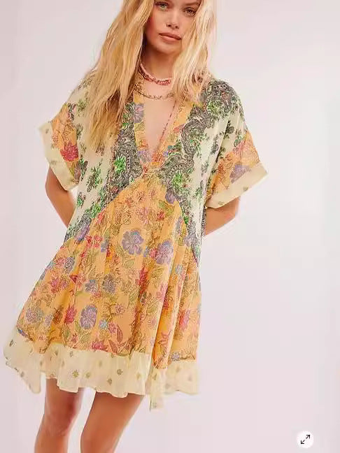Women Fashion Casual Boho Multicolor Printed Stripe V-Neck Dress