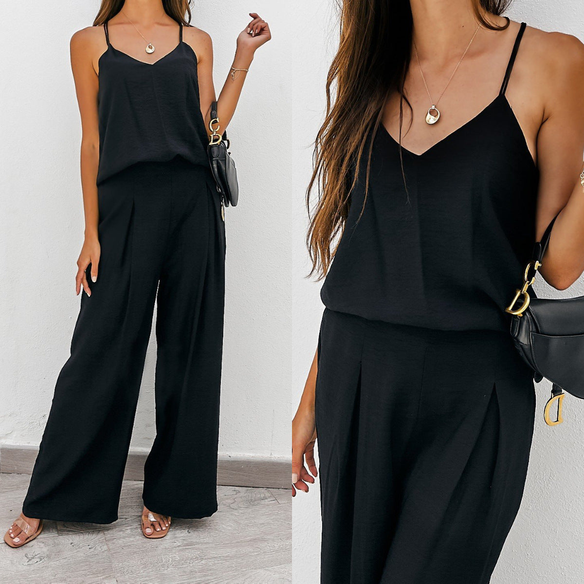 Women Casual Solid Color Sling Top and Pants Set
