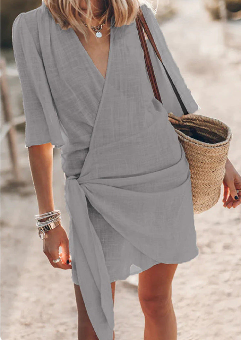 Vestido informal de verano para mujer, de lino y algodón con escote en V cruzado