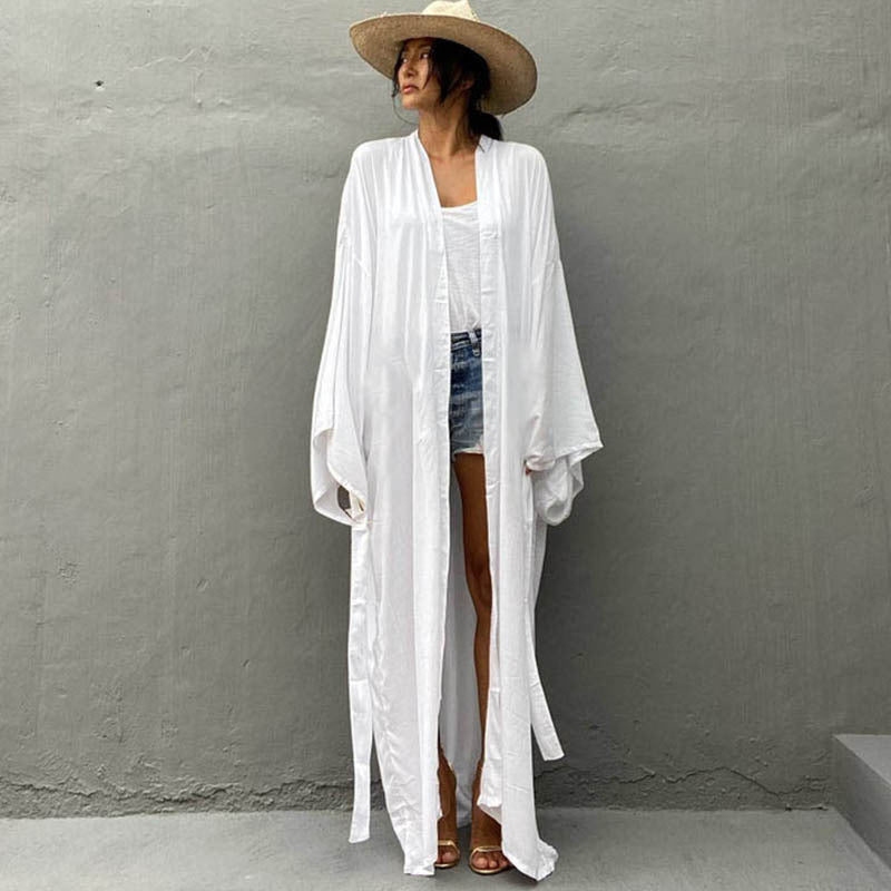 Vestido playero informal de manga larga con cordones para mujer