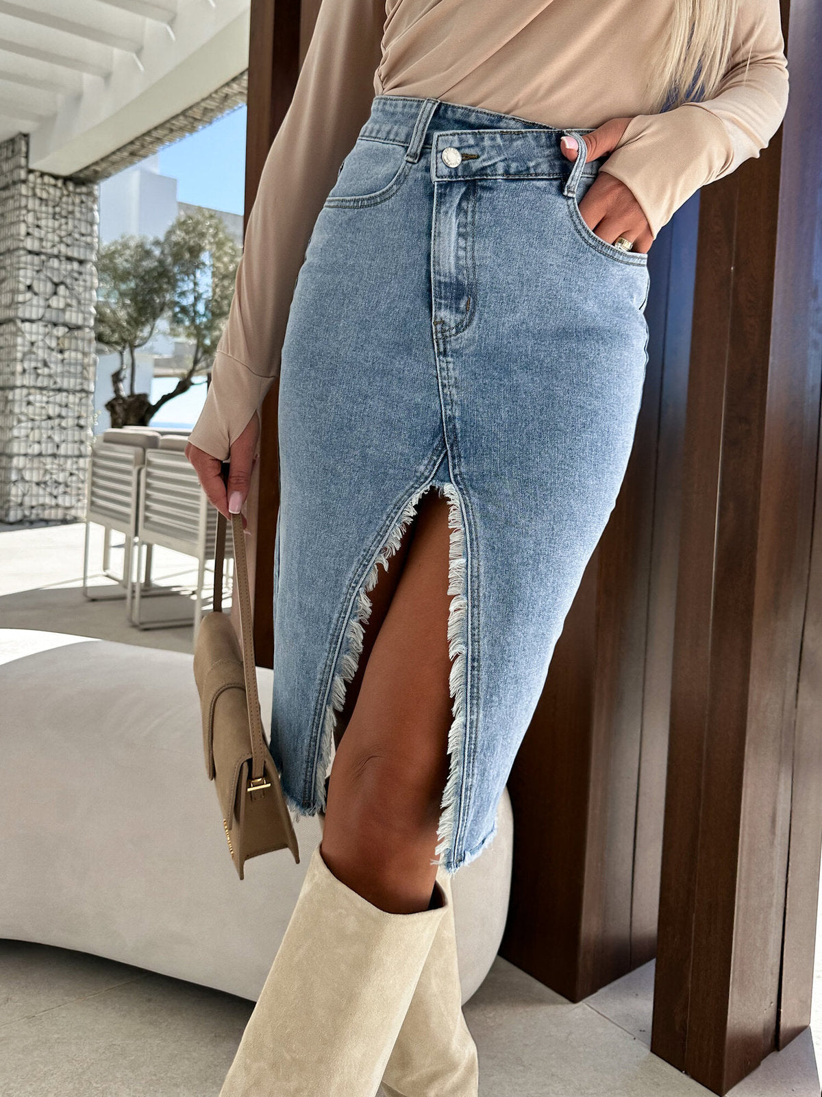 Falda vaquera dividida de moda para mujer, estilo casual de algodón y poliéster