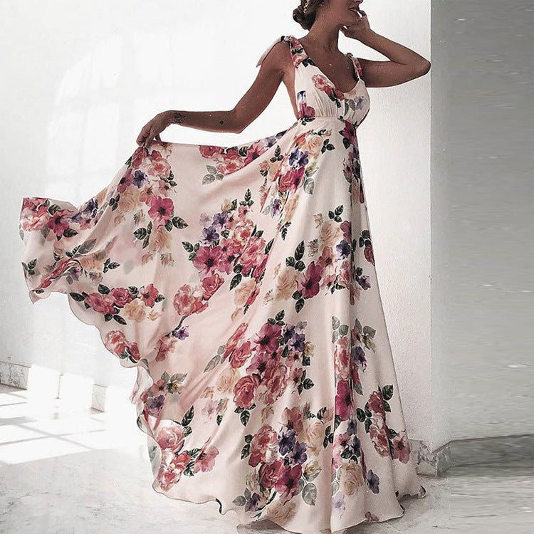 Elegante vestido sin mangas con cuello en V y estampado floral para mujer