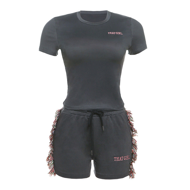 Women Fashion Side Tassel Embroidered Shorts Two-Piece Set