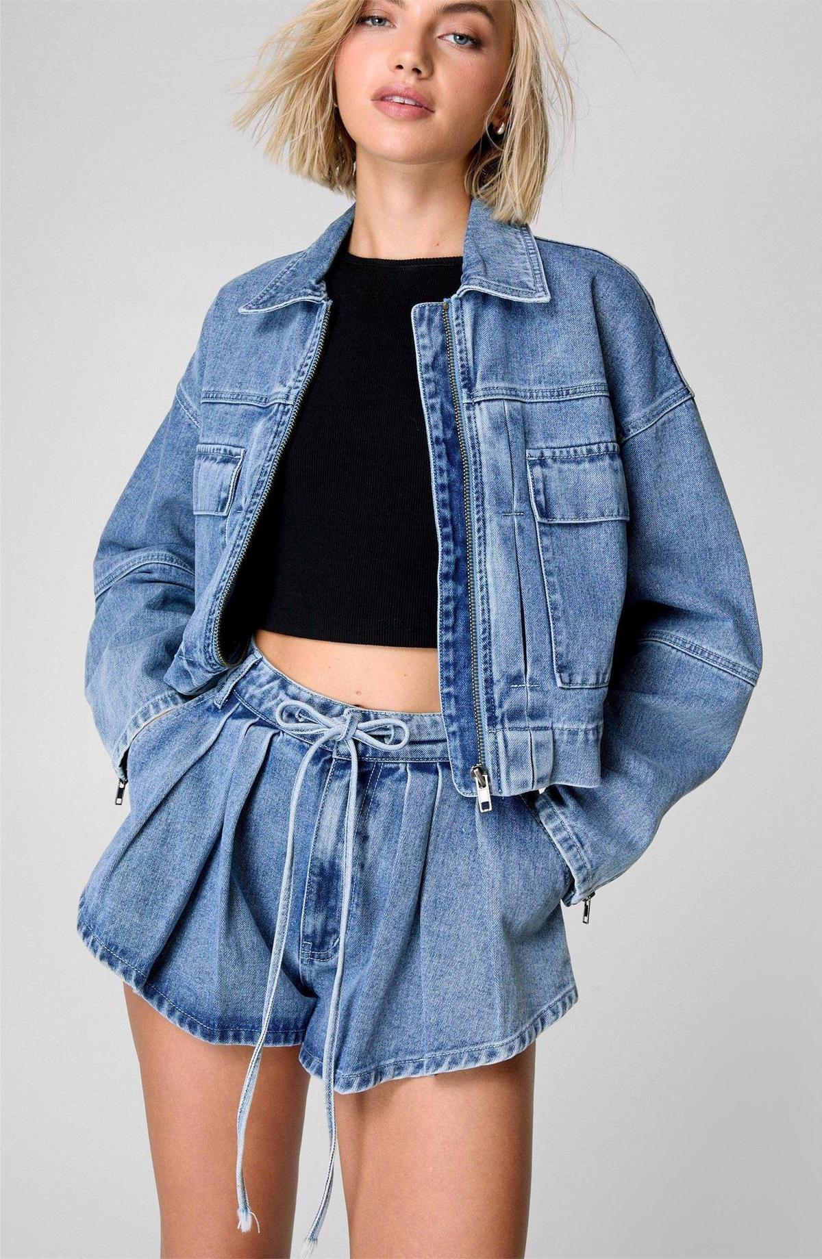 Women Fashion Casual Denim Lapel Long Sleeve Zipper Coat Two-Piece Set