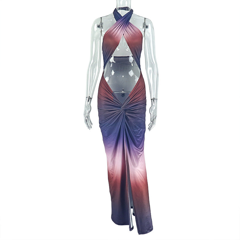 Women Fashion Elegant Print Halter-Neck Dress