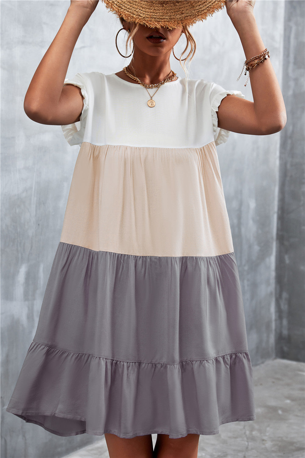 Women Bohemian Summer Short Sleeves Color Blocking Ruffled Dress