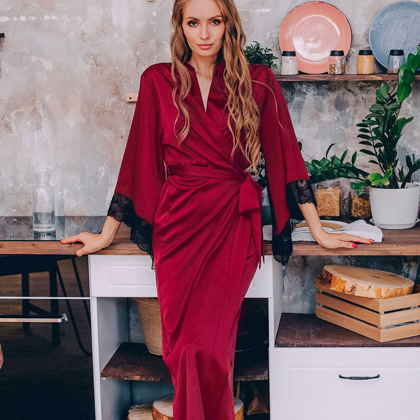 Women Fashion Lace Sexy Silk Pajamas in Black, Green, and Red