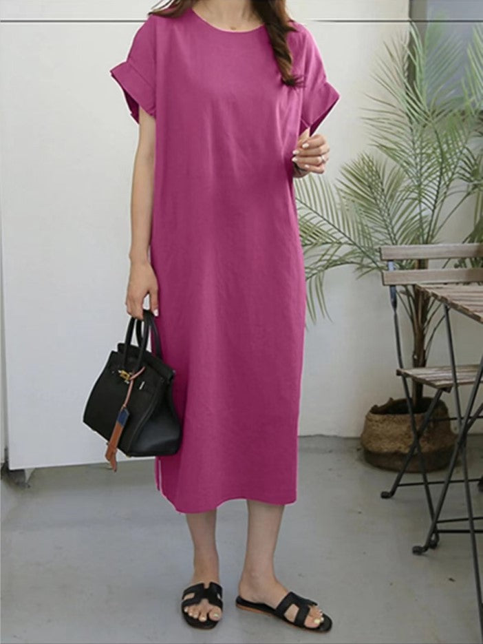 Robe ample décontractée en coton et lin de couleur unie pour femme