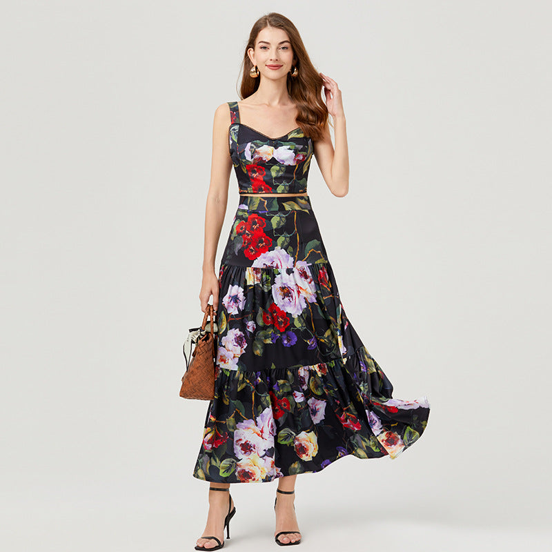 Women Summer Vacation Floral Print Crop Tank Top Long Skirt Set