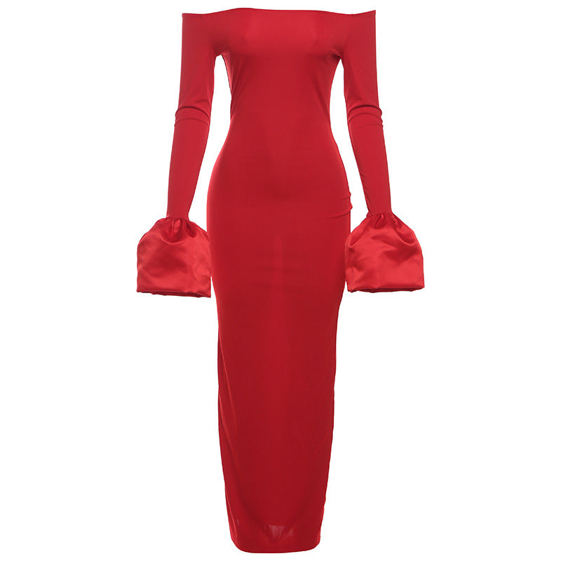 Vestido maxi ajustado de manga larga con hombros descubiertos para mujer