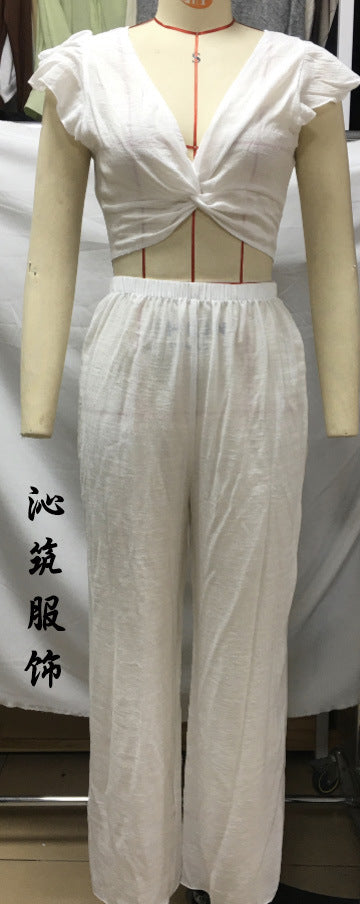 Women Vacation Beach Ruffled Crop Blouse Set
