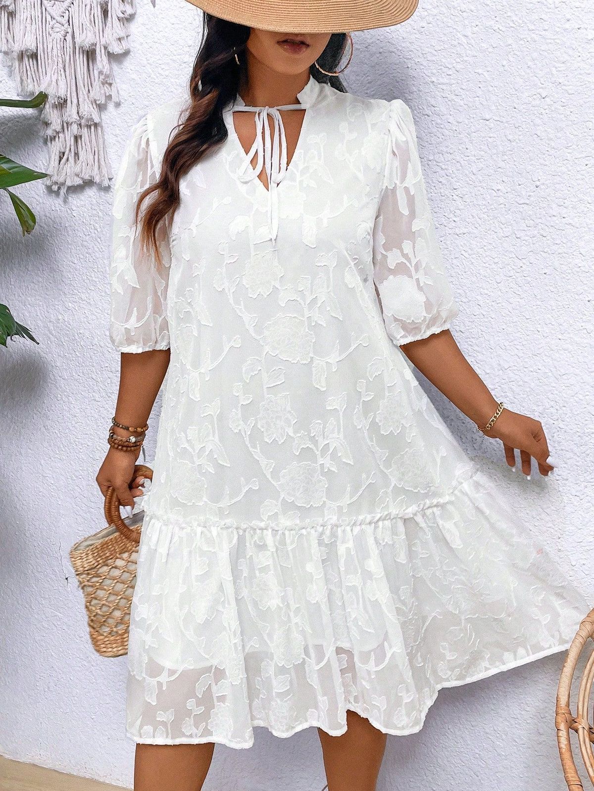 Elegant Plus Size Jacquard V-Neck Dress