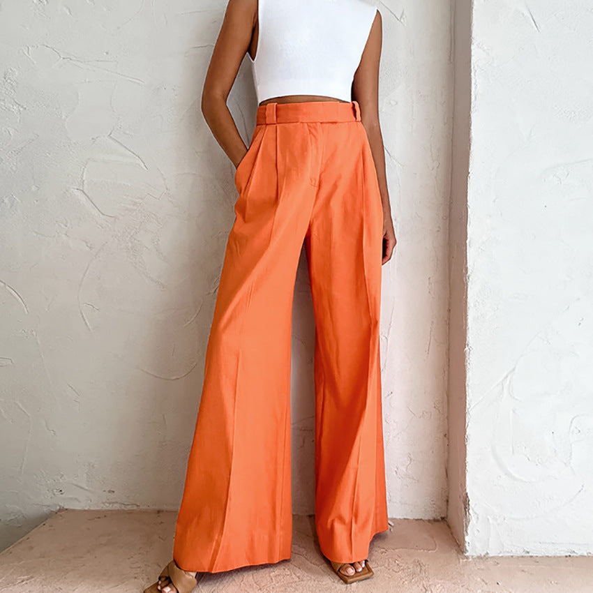 Pantalones anchos de lino y algodón con cintura alta informales a la moda para mujer