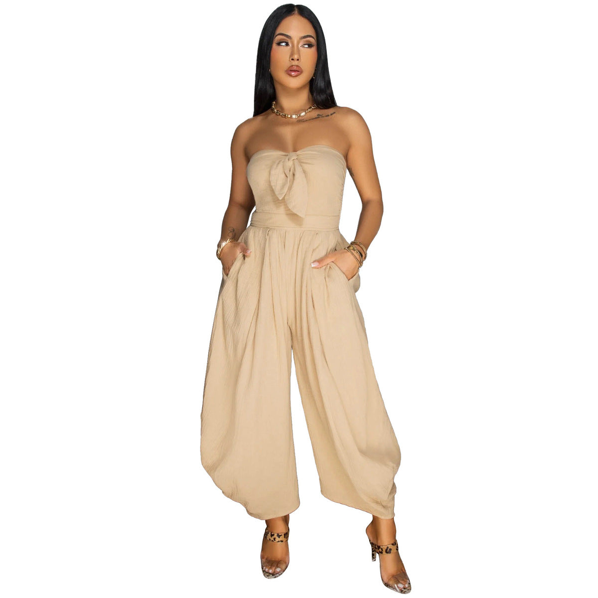 Women Summer Fashion Solid Color Strapless Jumpsuit