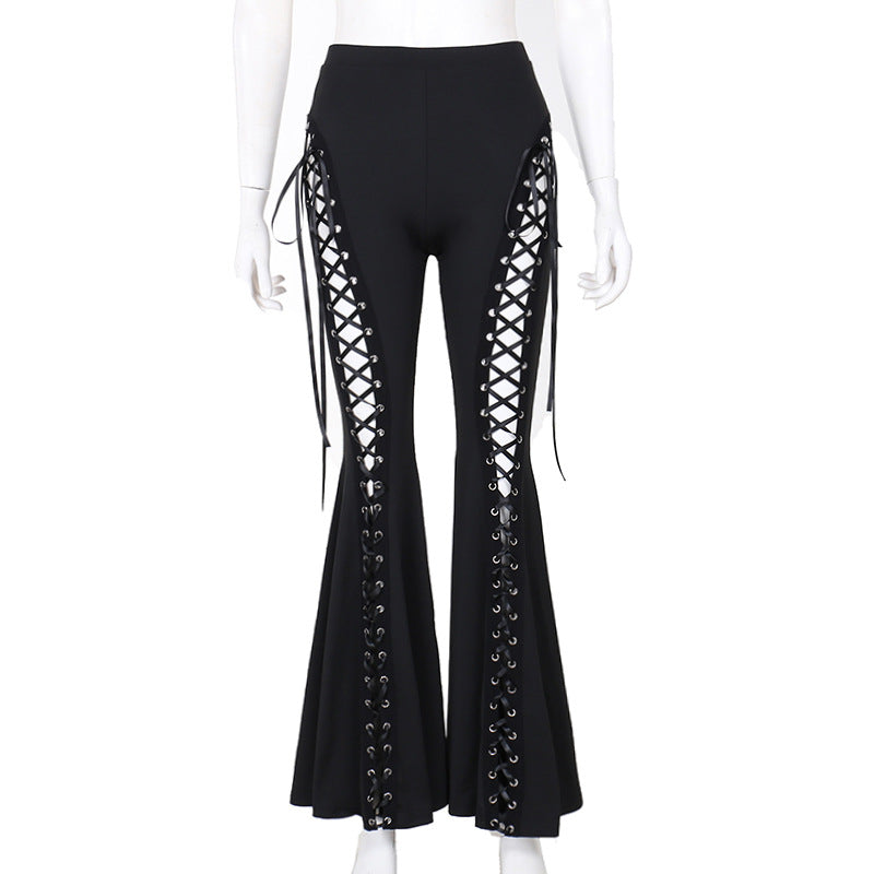 Women Fashion Sexy Gothic Hollow-Out Lace-Up Flared Pants