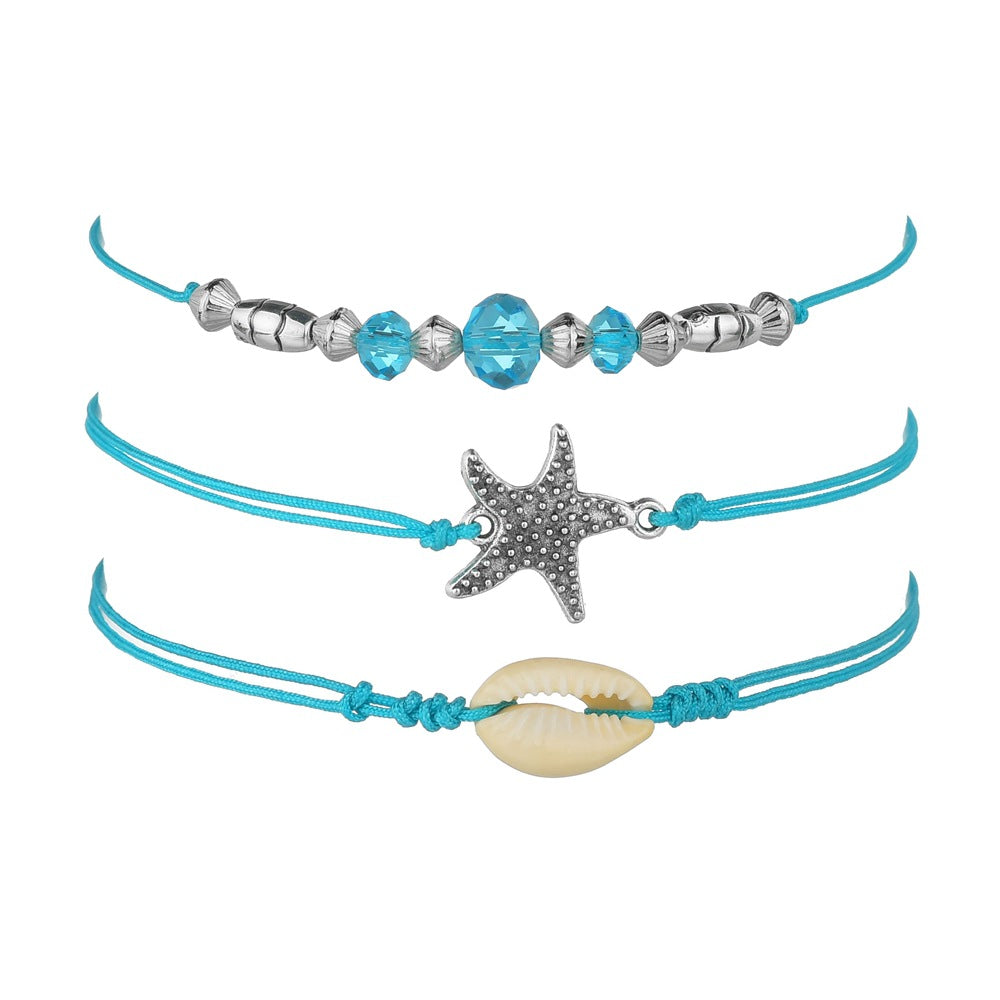 Conjunto de tobillera con cuentas azules, estrellas de mar y conchas bohemias