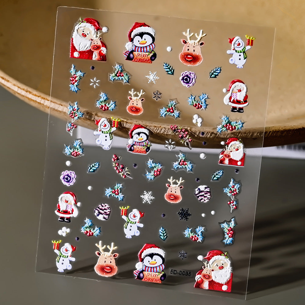 Pegatinas para uñas con relieve navideño de Papá Noel, muñeco de nieve y copos de nieve