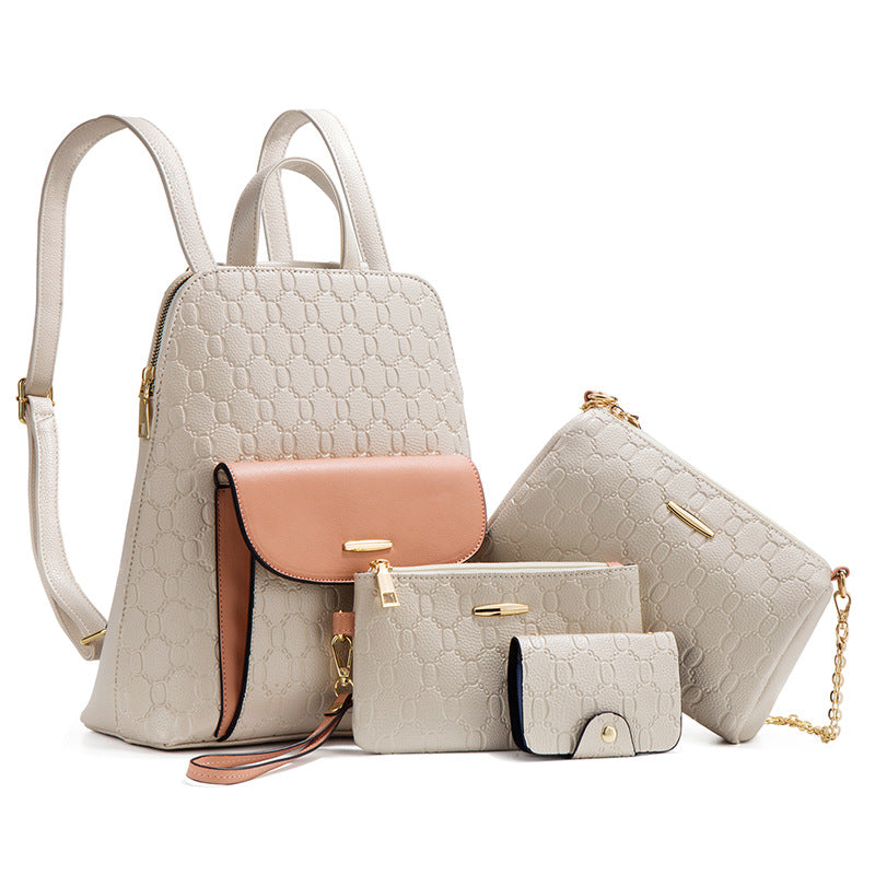 Conjunto de mochila y bolso bandolera con cadena de PU en relieve para mujer