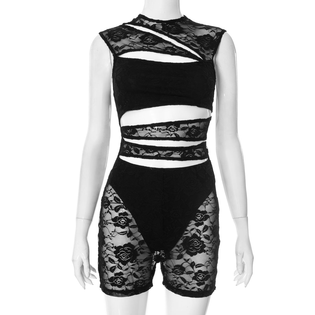 Women Fashion Sleeveless Lace Stitching Jumpsuit - High Waist Bodycon