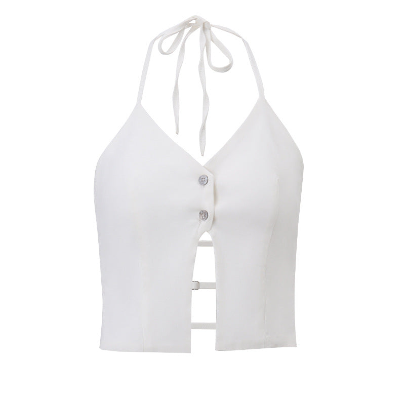 Women Fashion Sexy Solid Color Cotton Halter-Neck Crop Top