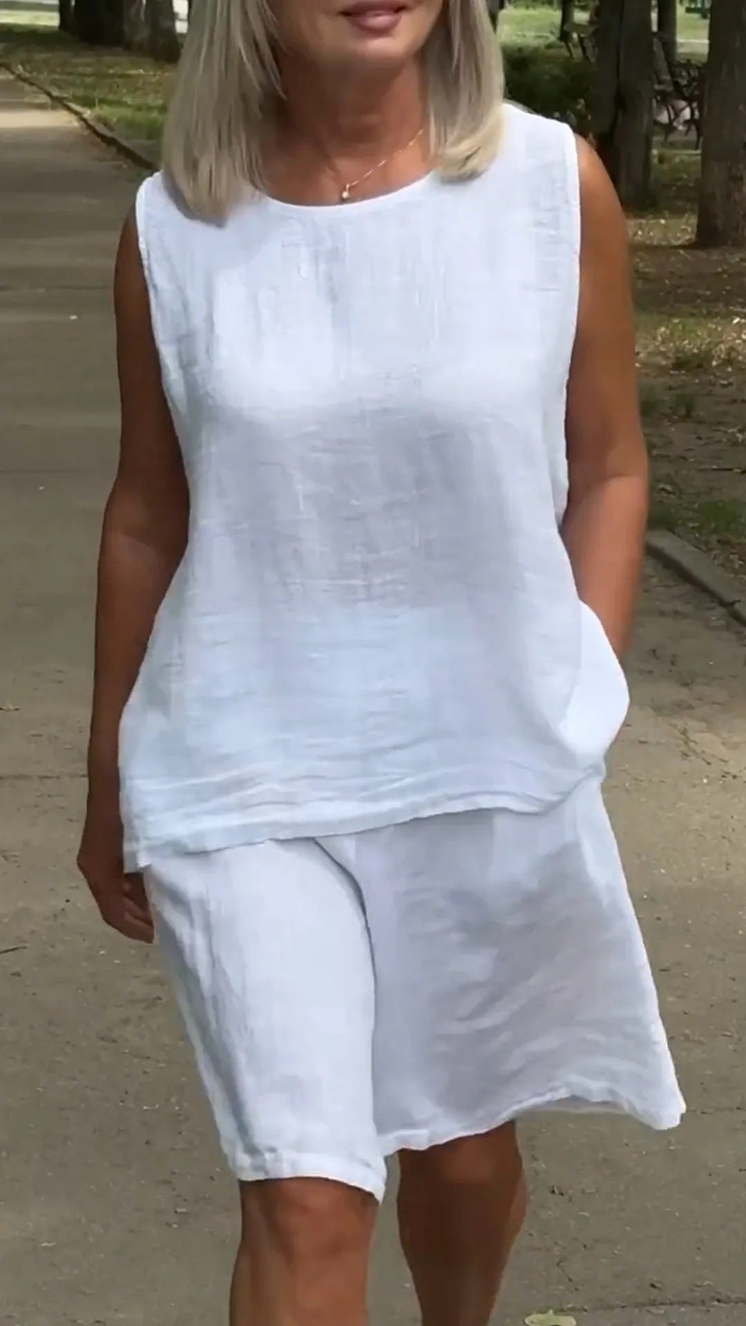 Conjunto de camiseta sin mangas informal de algodón y lino para mujer