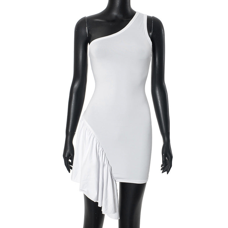 Women Sexy Solid Color Slant Shouldered Ruffle Dress