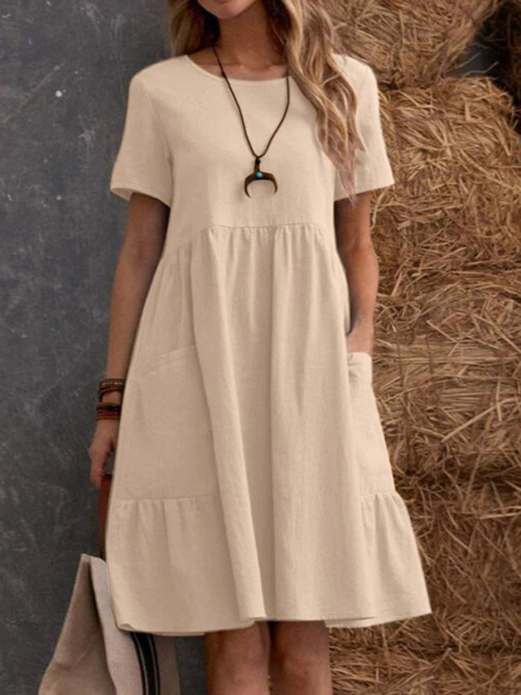 Vestido informal holgado de lino y algodón con cuello redondo para mujer