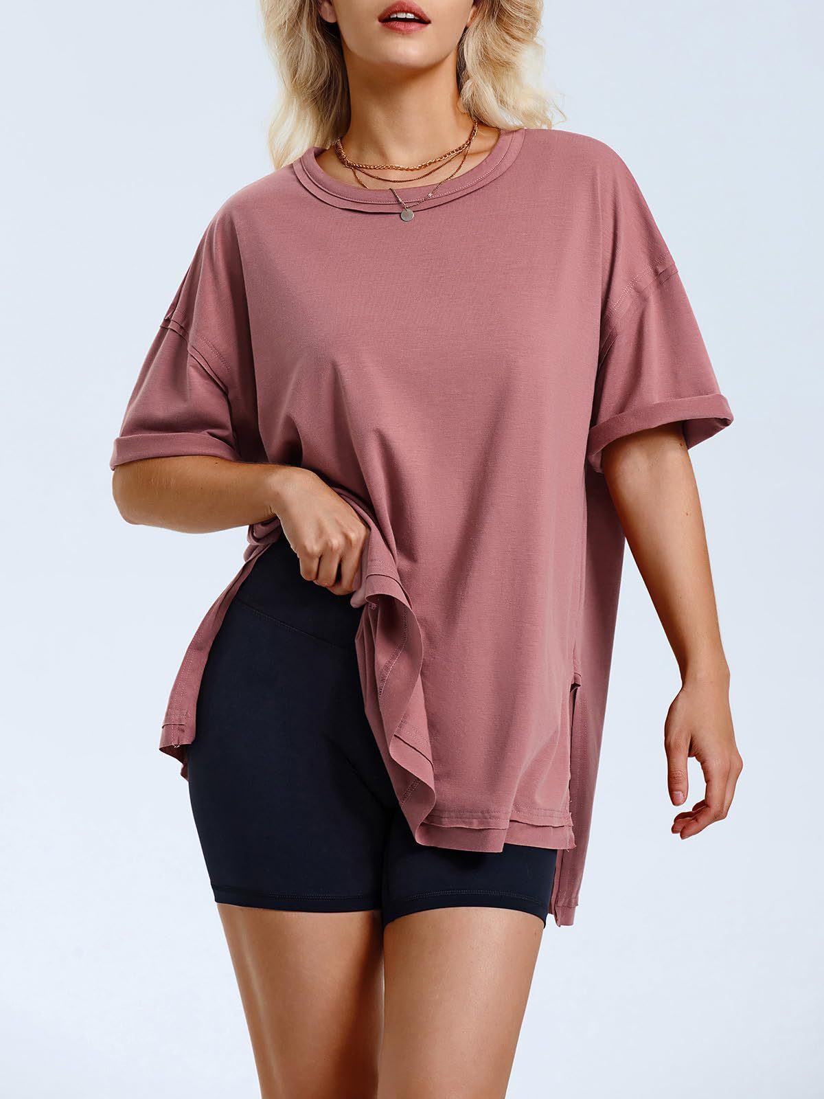 Women Casual Solid Crewneck Loose Tee in Cotton