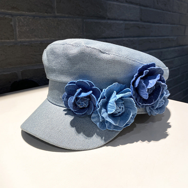 Women Fashion Casual Flower Decoration Denim Flat Hat