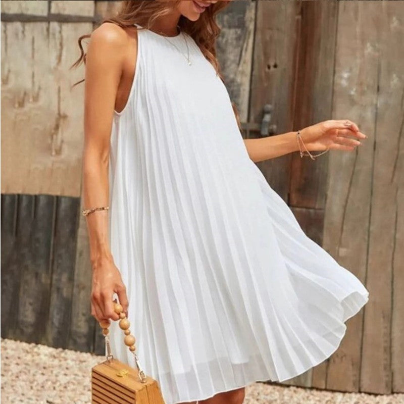 Women Fashion Elegant Solid Color Pleated Dress