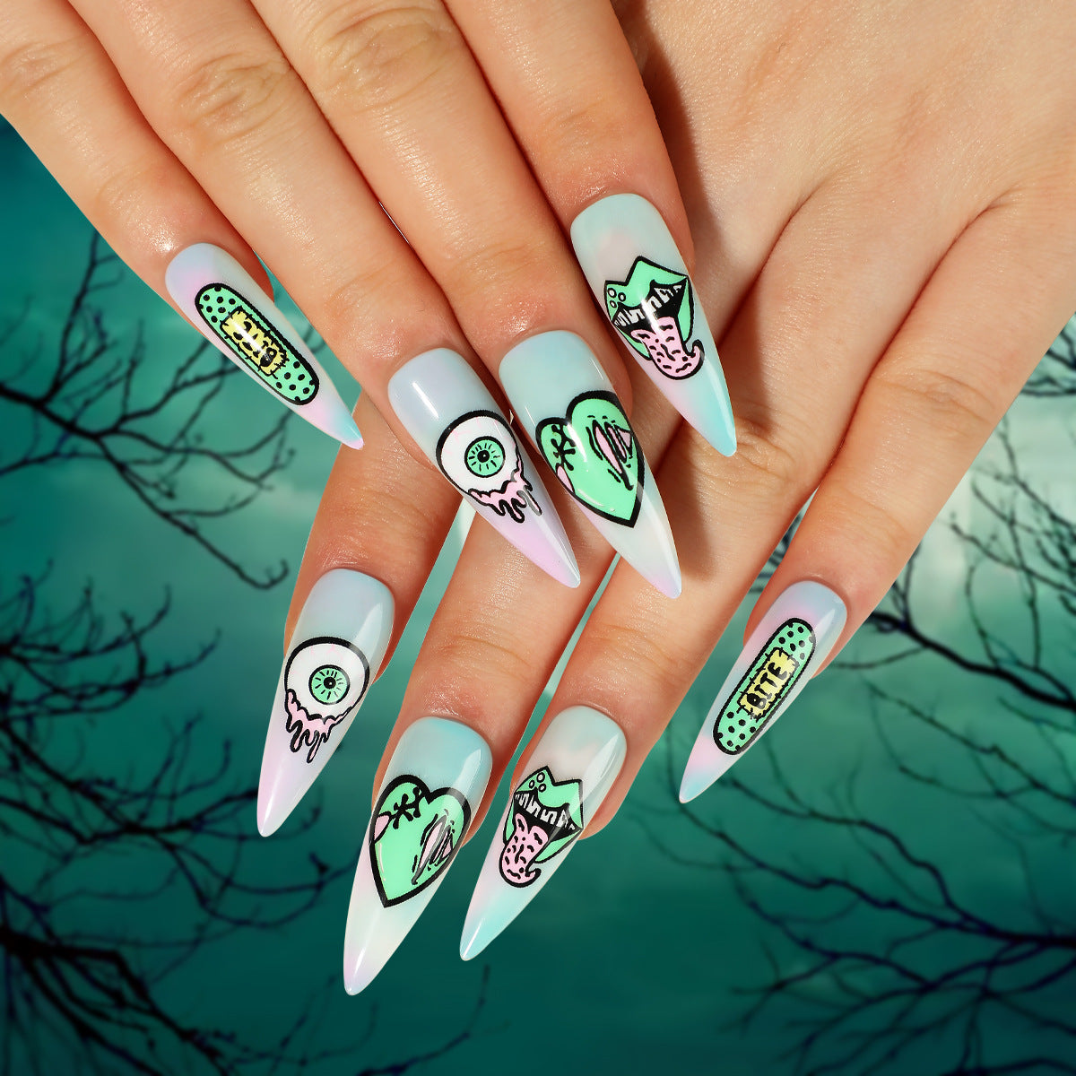 Mode femme Halloween étoile tachée coeur vert globe oculaire lèvres faux ongles