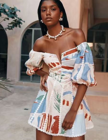 Women Fashion Sexy Vacation Printed Off Shoulder Dress