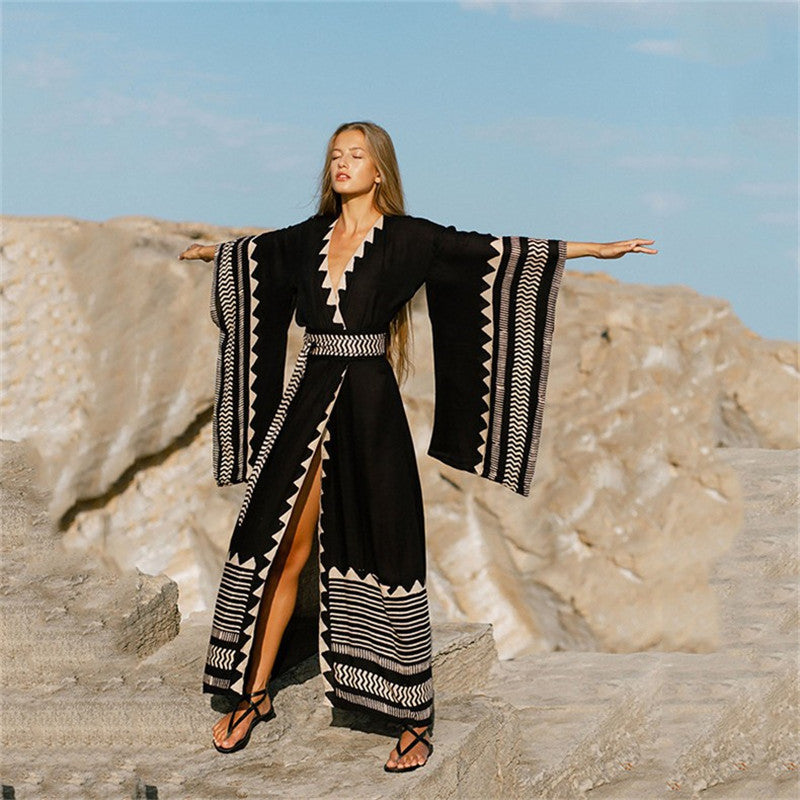 Traje de baño de playa geométrico con escote en V holgado para mujer