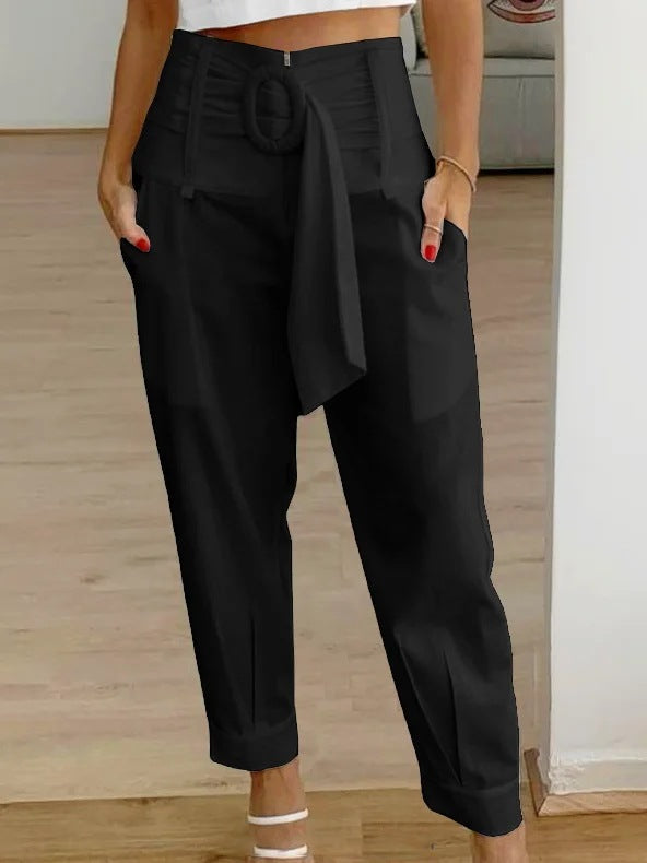 Pantalones casuales de lino con estampado floral de color liso de verano para mujer