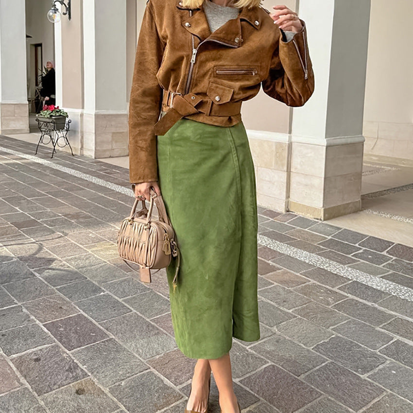 Falda midi de ante de color liso informal de moda para mujer