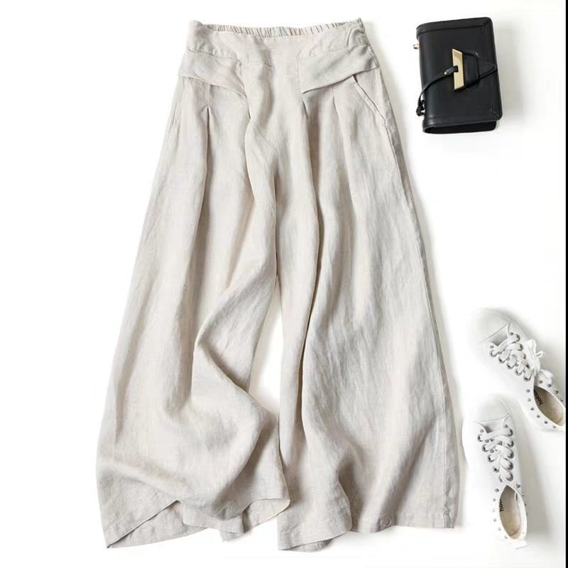 Pantalones anchos informales de algodón y lino de color liso para mujer